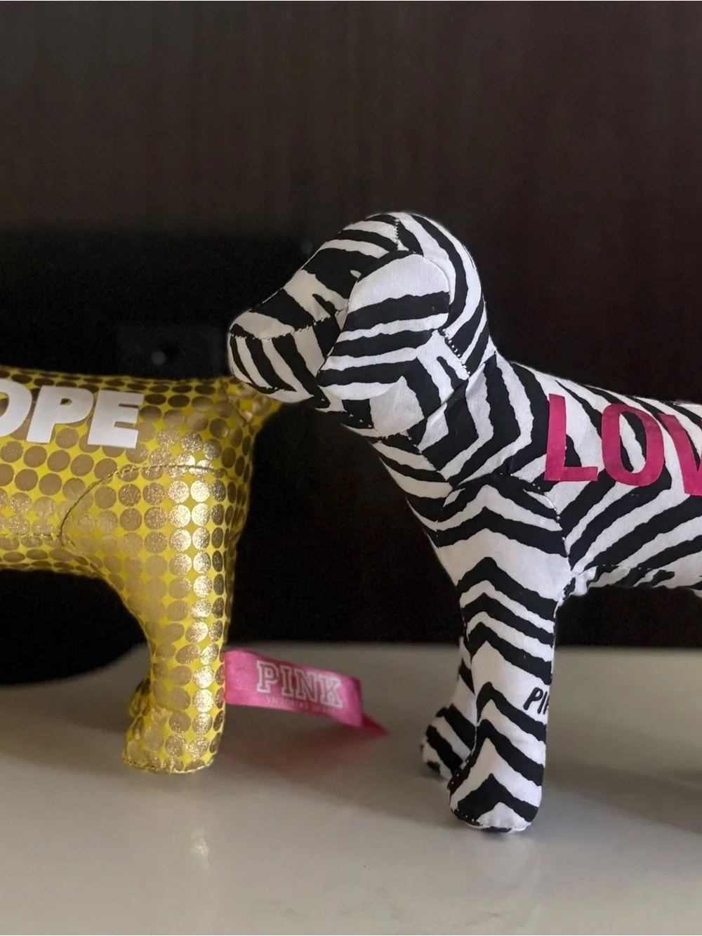 Victoria's Secret PINK Gold HOPE & Zebra LOVE Plush Dog Set of 2